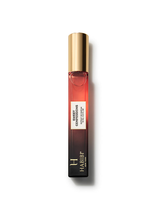 H HABIBI Sweet Confessions bottle on display, a sleek travel-ready perfume
