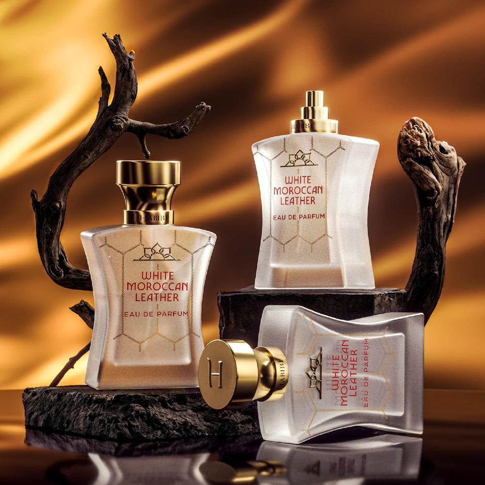 Patchouli and amber base glow in H HABIBI White Moroccan Leather bottle.