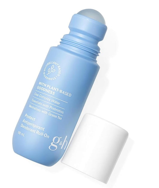 H PROTECT deodorant roll-on with no-white-marks design for clean skin.