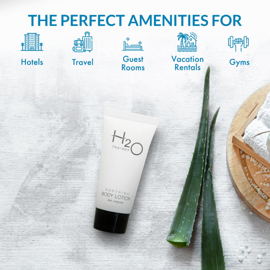 H2O Therapy Lotion compact 0.85 oz bottle fits small bathroom spaces.