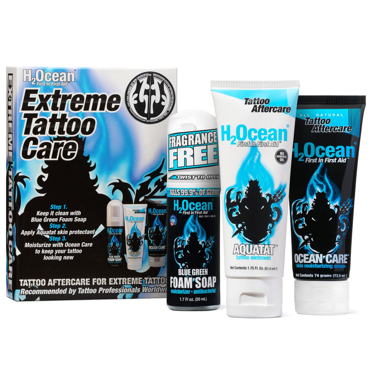 H2Ocean Extreme foam soap bottle pour for gentle cleansing of fresh tattoos