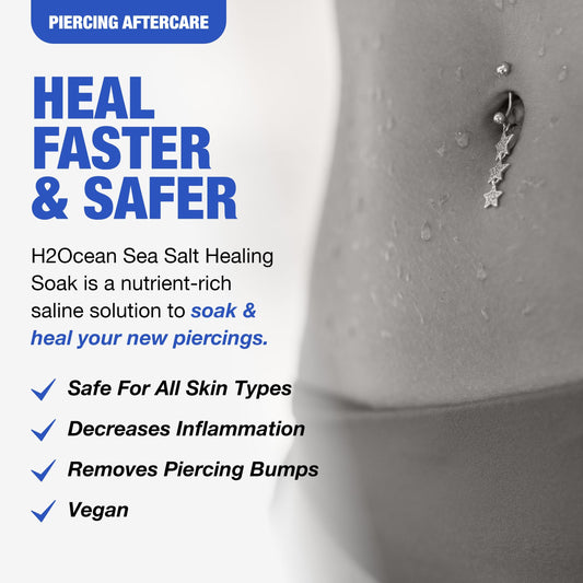 H2Ocean Healing Soak bottle label close-up for piercing aftercare
