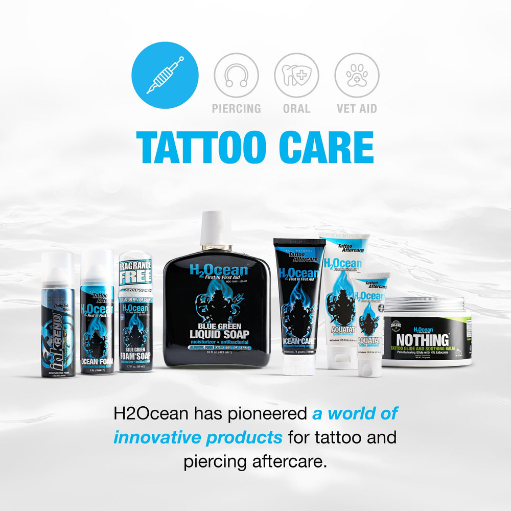 American-made H2Ocean InkRenu tattoo care product in display