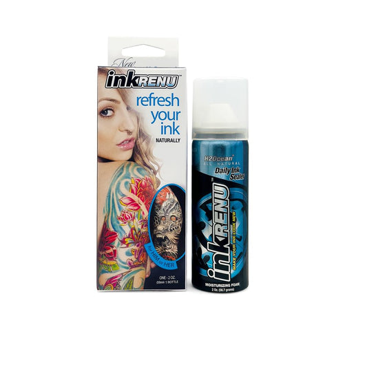 H2Ocean InkRenu color-enhancing tattoo foam bottle for revived tattoo colors