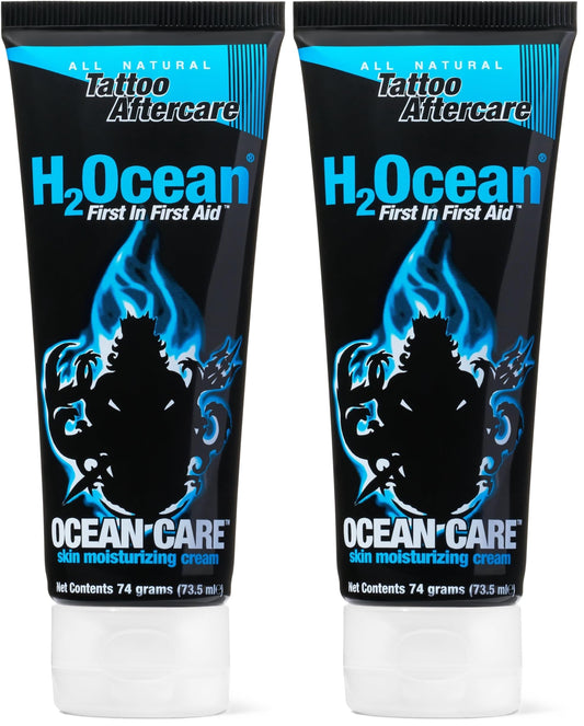 H2Ocean Ocean Care tattoo lotion bottle showing fragrance-free hydration for fresh tattoos