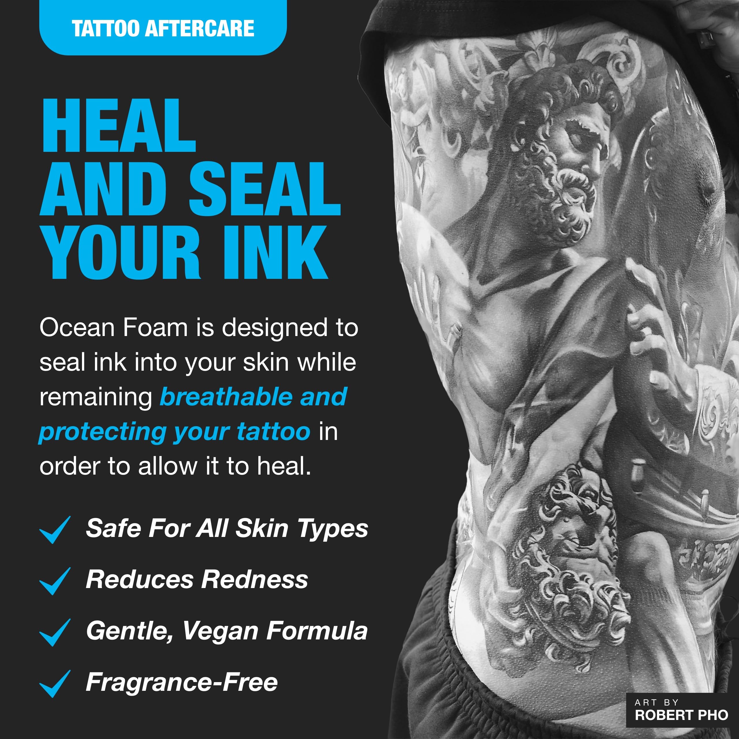 Applying H2Ocean Ocean Foam foam to skin for gentle tattoo care.