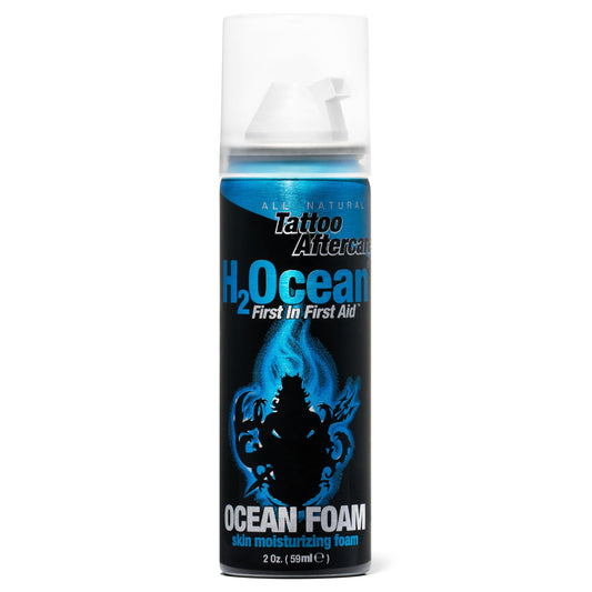 H2Ocean Ocean Foam bottle for tattoo aftercare promotes breathable ink sealing.