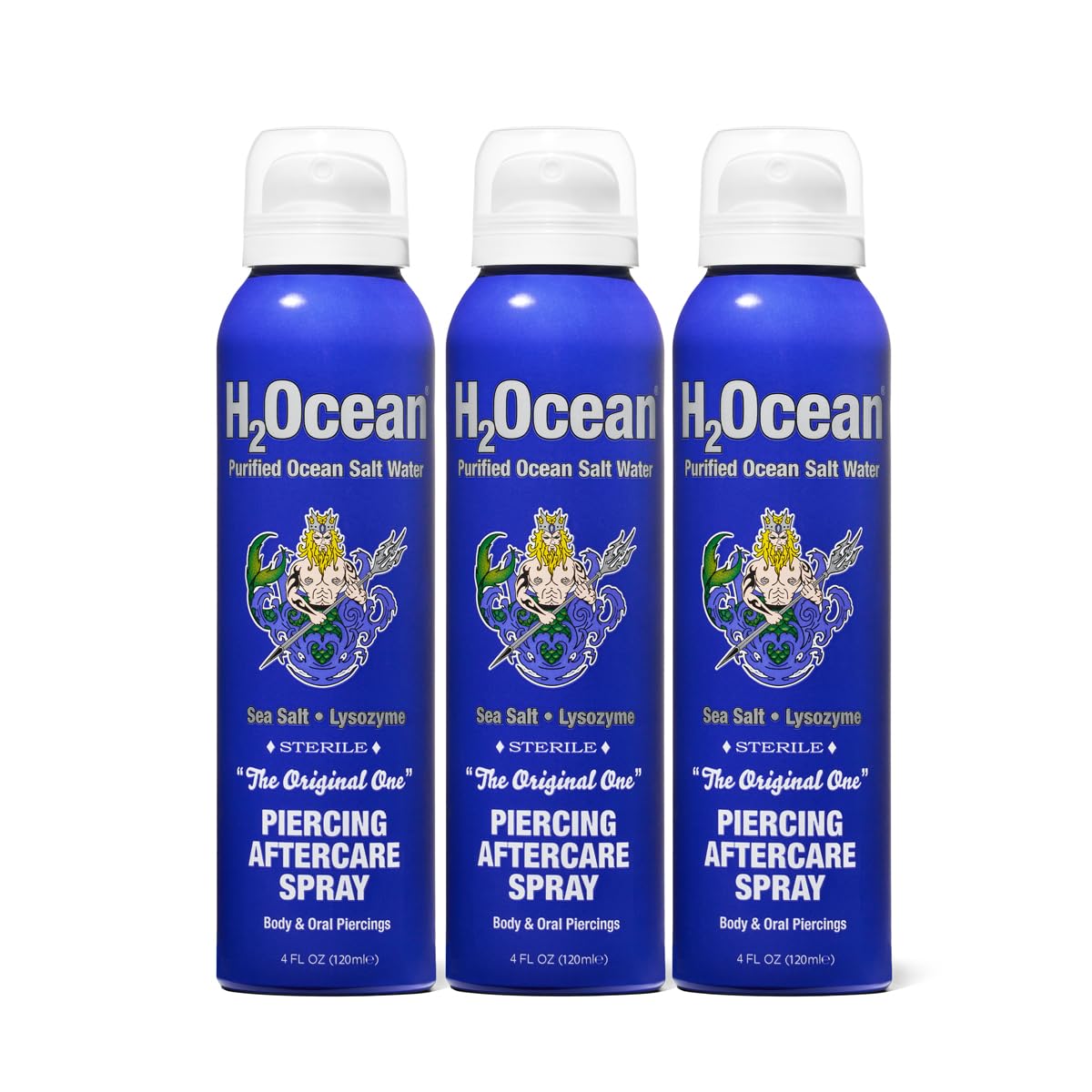 H2Ocean piercing aftercare spray bottle with 360-degree application for easy, touch-free use.