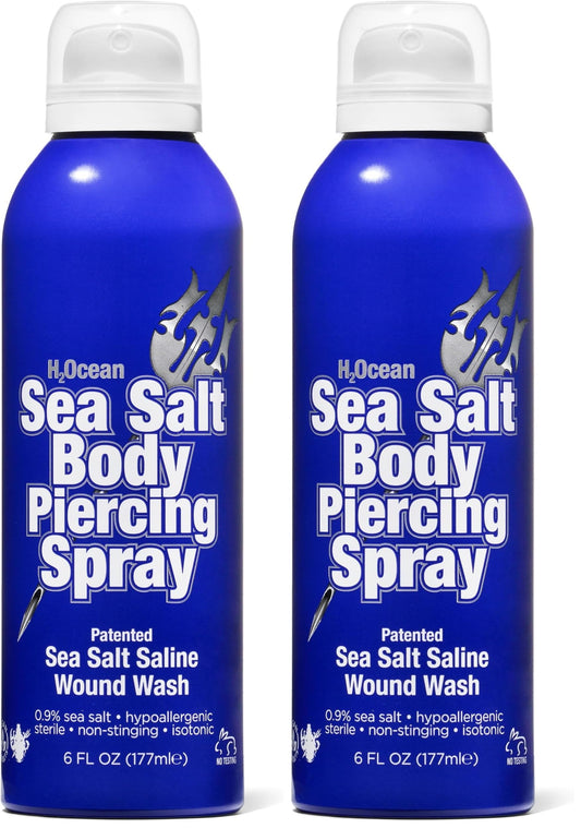 H2Ocean sea salt body piercing spray bottle front view for piercing aftercare.