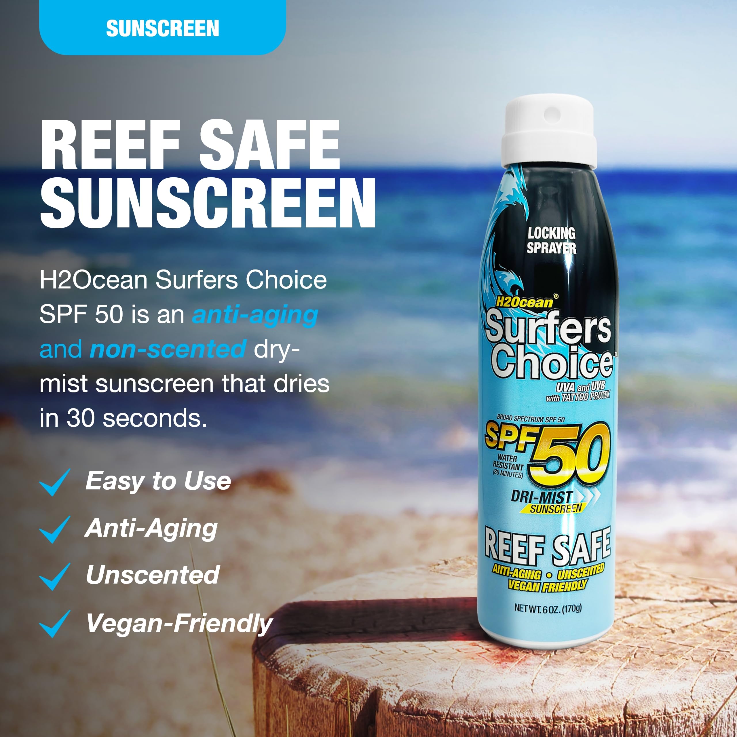 Close-up of 360° dry-mist spray from H2Ocean SPF50