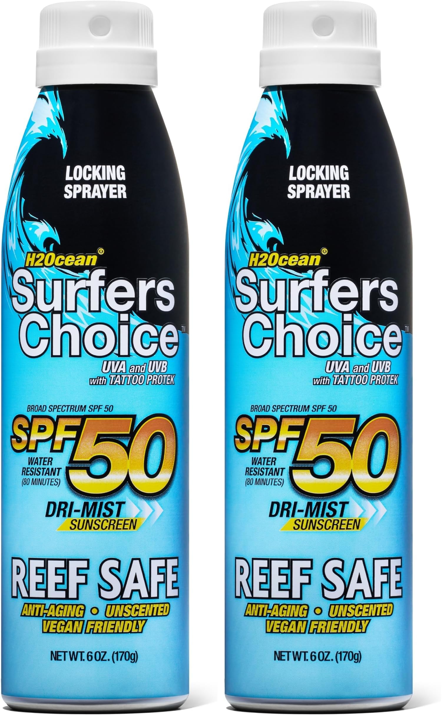H2Ocean Surfers Choice SPF50 spray bottle on beach for quick UV protection