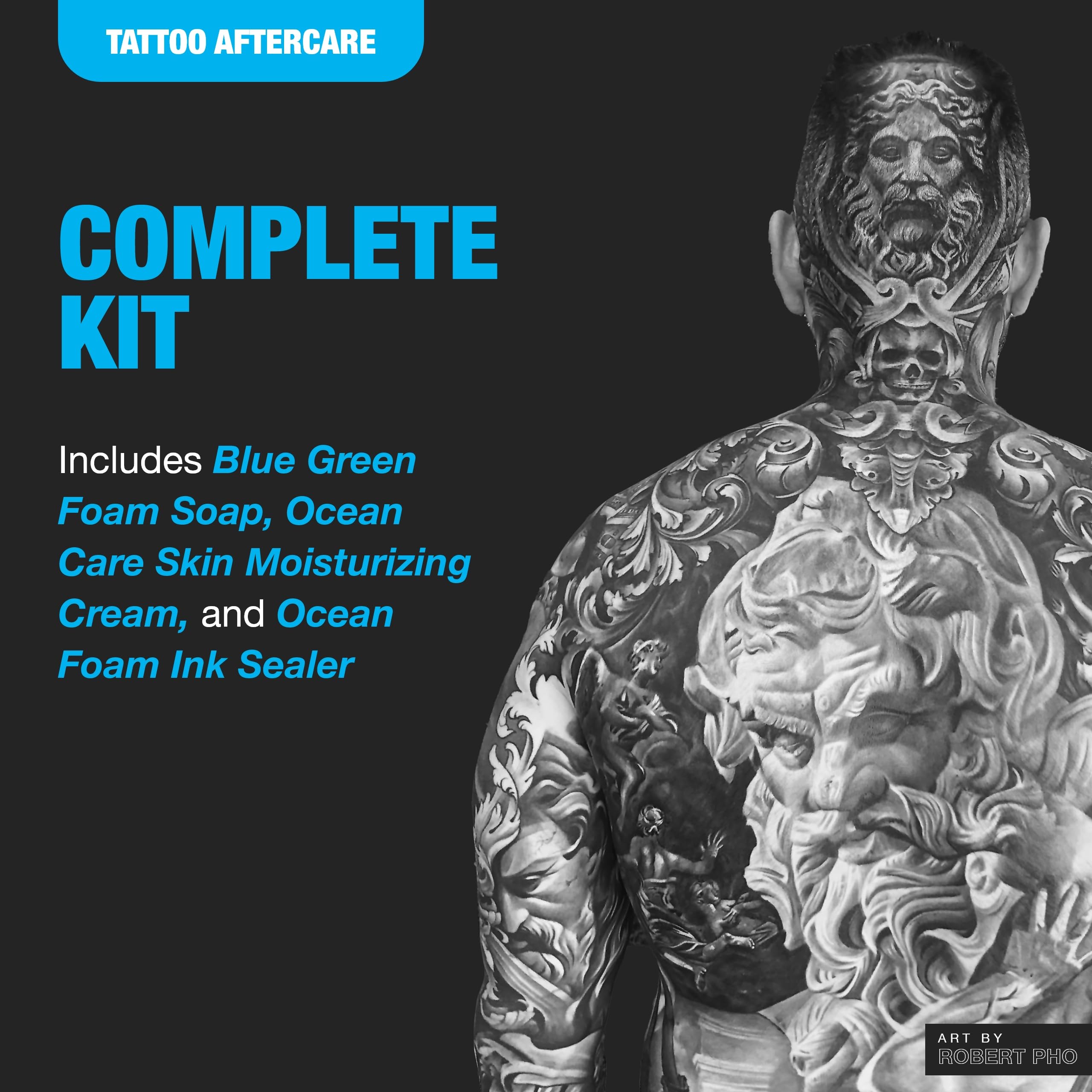 H2Ocean Ultimate Kit unboxing view shows complete tattoo aftercare system.