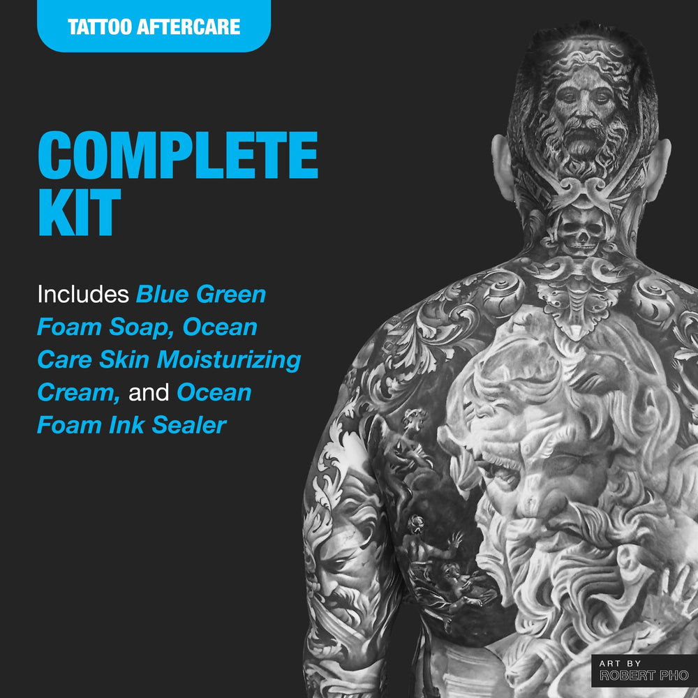 H2Ocean Ultimate Kit unboxing view shows complete tattoo aftercare system.