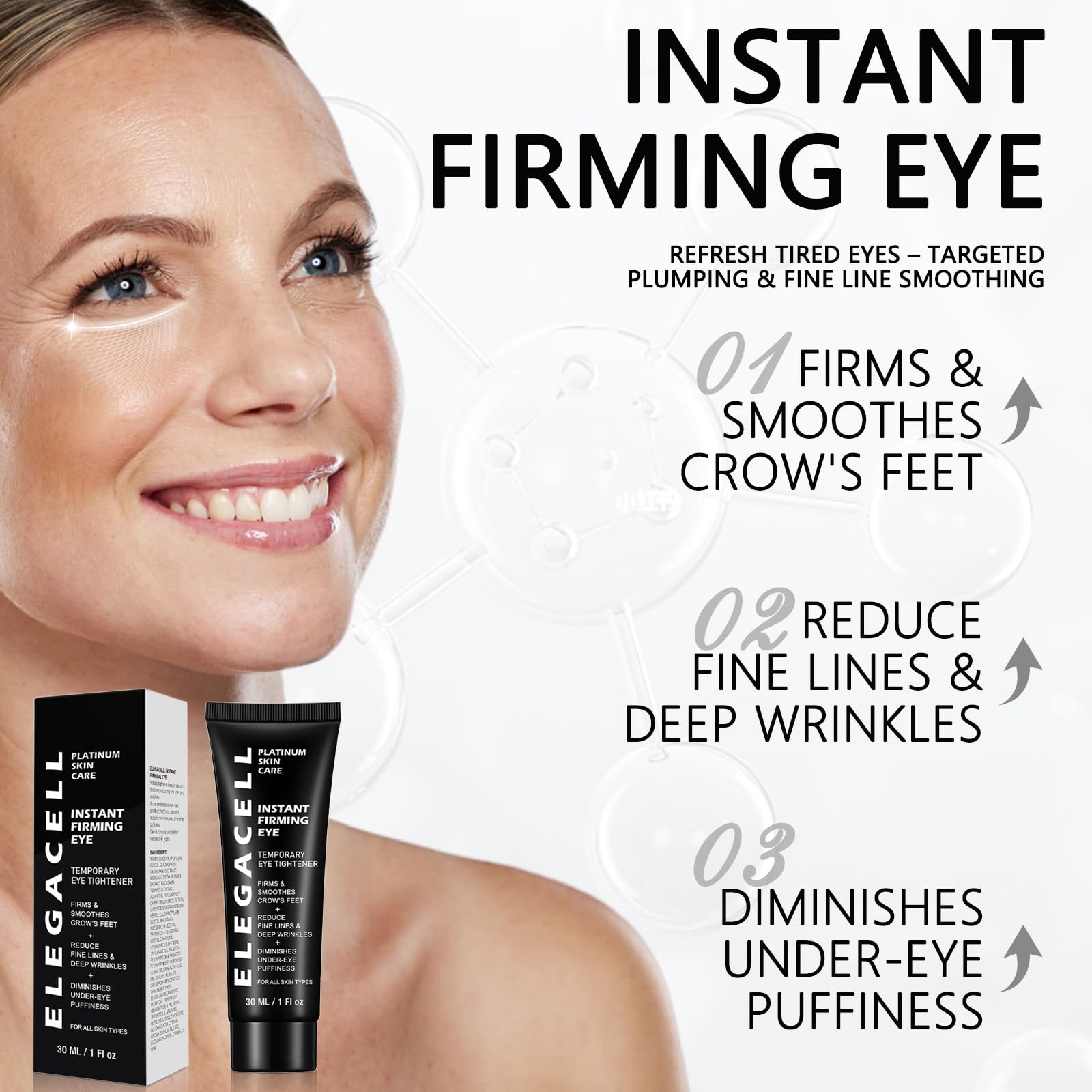 HACIRFE Elegacell eye-tightener application dot demonstrates pea-sized dose for precise use.