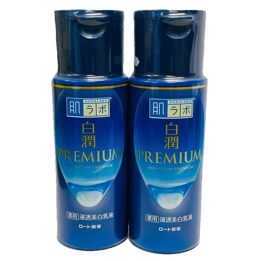 Hada Labo Shirojyun Premium Emulsion bottle close-up highlighting hydrating formula for radiant skin