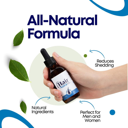 Hair Aura serum dropper applying precisely to thinning areas.