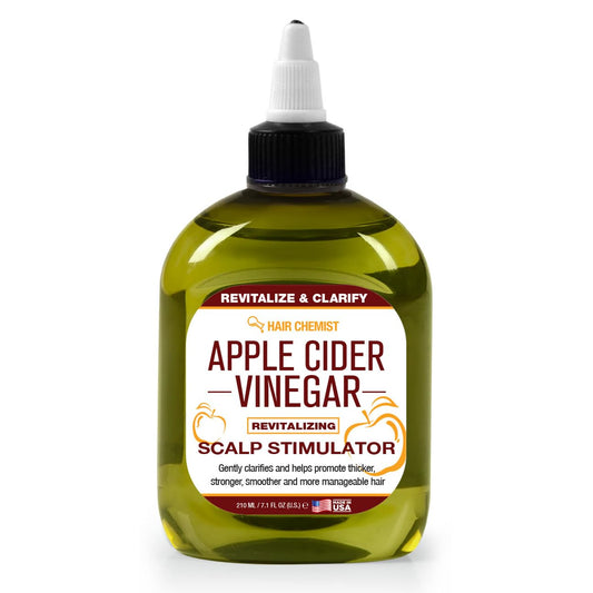 Hair Chemist Apple Cider Vinegar Scalp Stimulator bottle pour showing application for scalp clarity