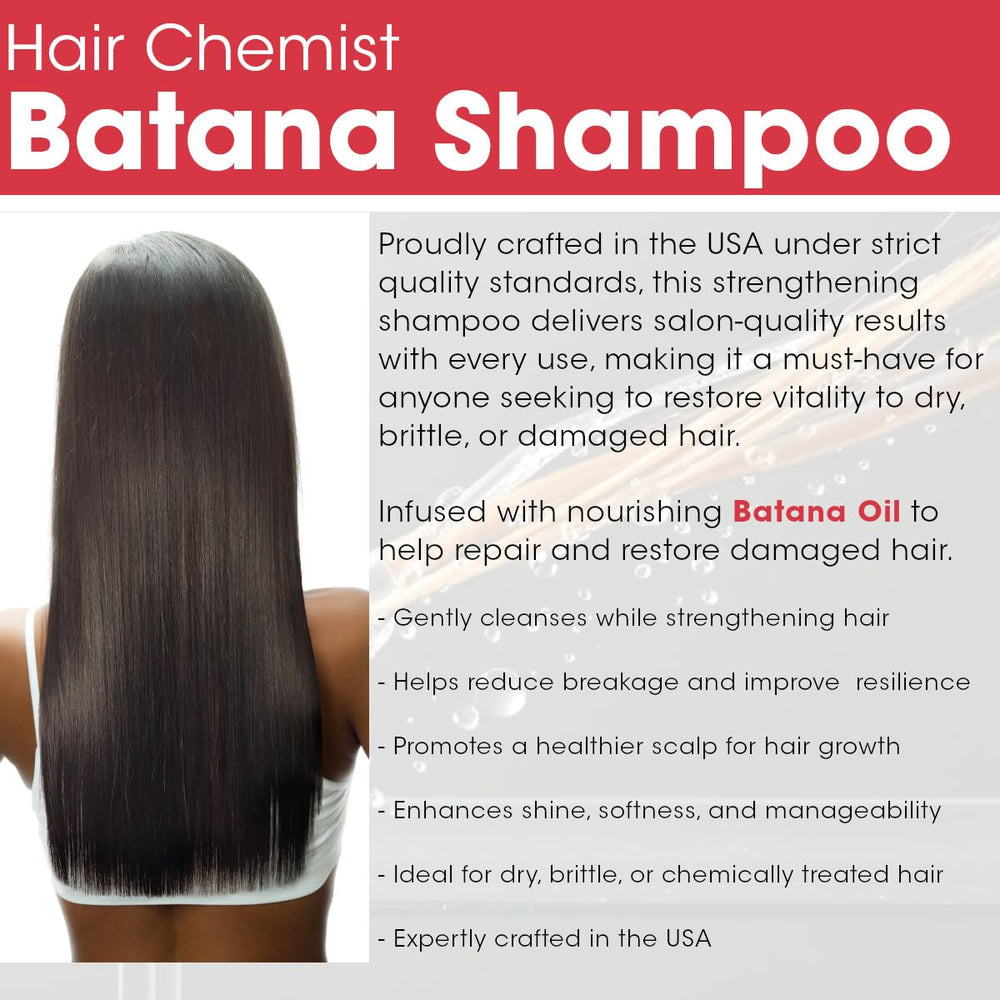Hair Chemist Batana Strengthening Shampoo on bathroom counter during daily routine