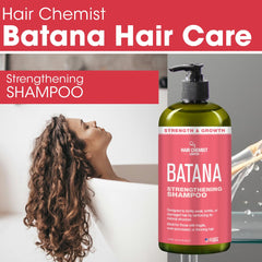 Hair Chemist Batana Strengthening Shampoo bottle closeup with creamy lather