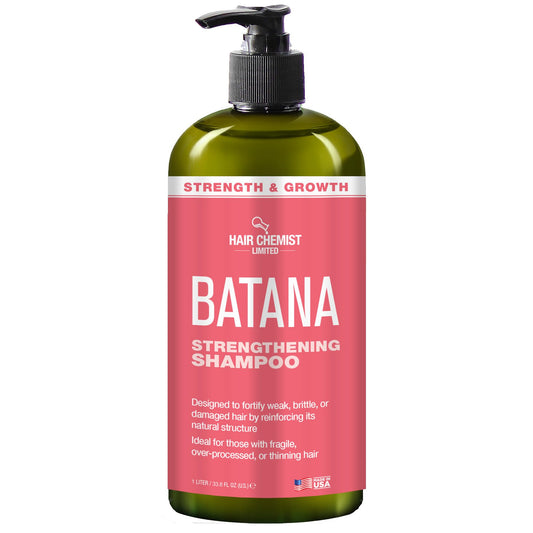 Hair Chemist Batana Strengthening Shampoo bottle showcases rich formula for healthier hair growth
