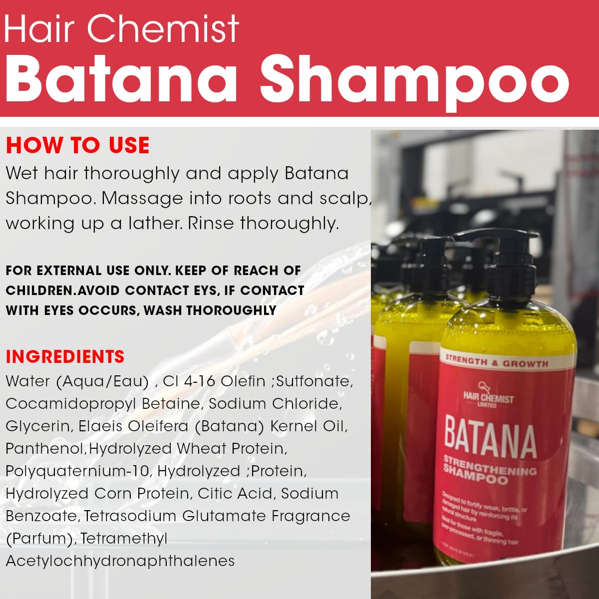 Hair Chemist Batana Strengthening Shampoo label closeup with product details