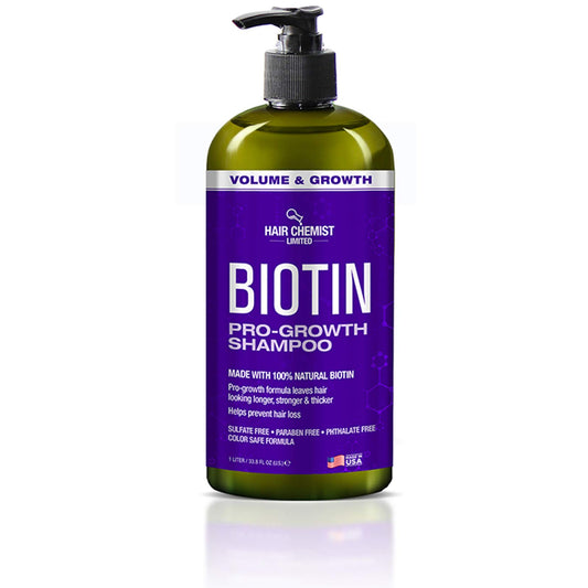 Hair Chemist Biotin Pro-Growth Shampoo bottle pour for gentle cleansing and hair nourishment