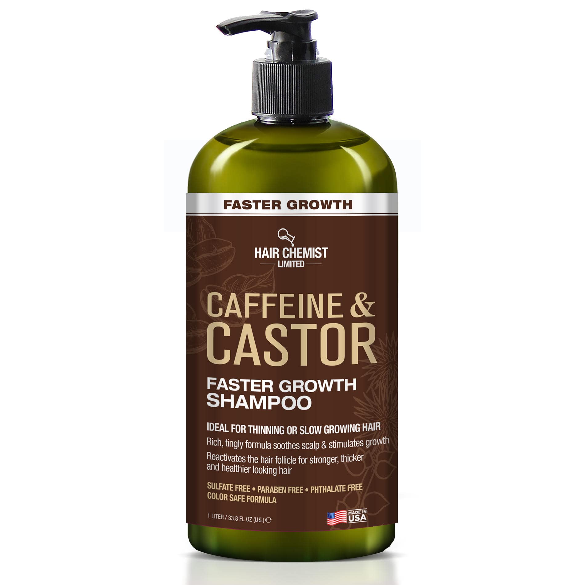 Hair Chemist caffeine and castor shampoo bottle showing the fortifying formula for daily cleansing.