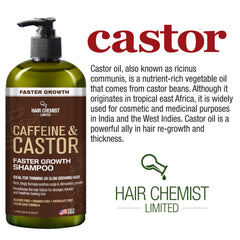 Hair Chemist caffeine castor shampoo on a bathroom shelf in a modern setup.