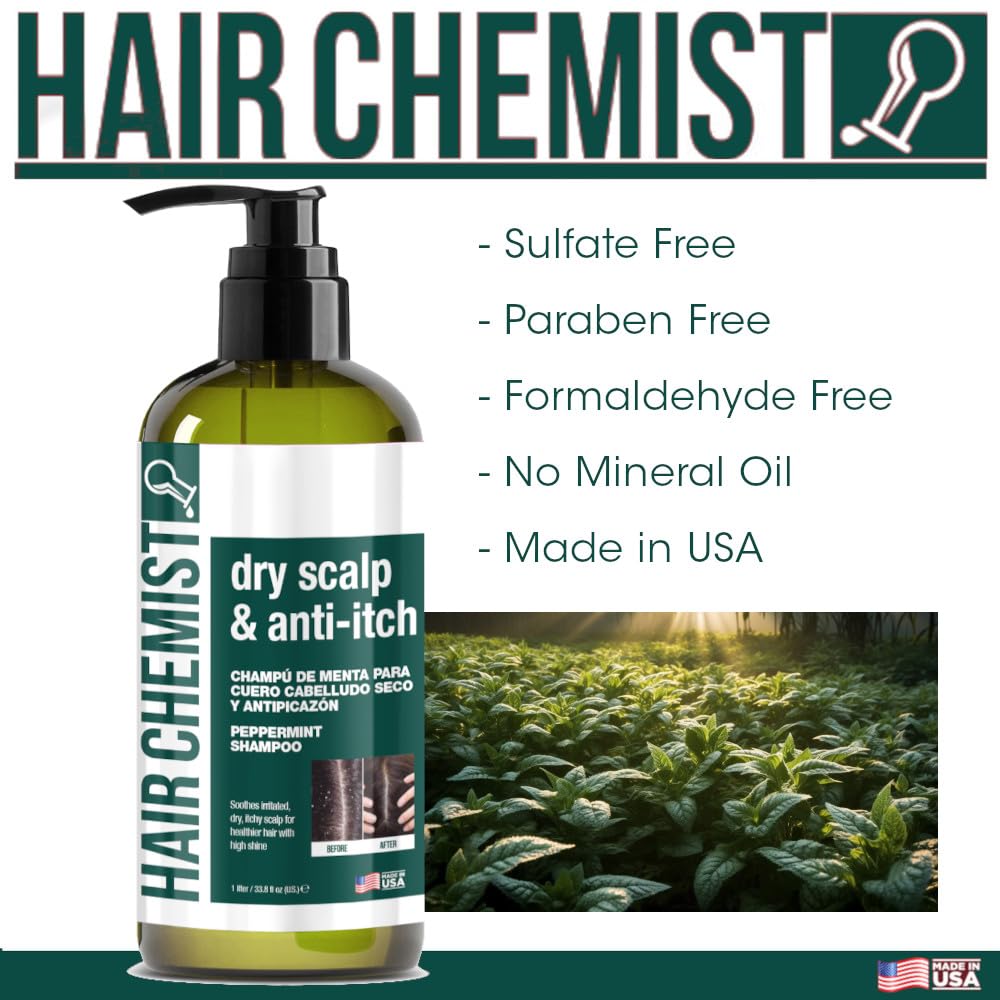 Hair Chemist Label detail highlights peppermint aroma and calming formula.