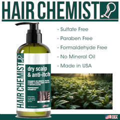 Hair Chemist Label detail highlights peppermint aroma and calming formula.