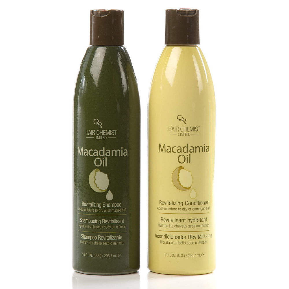 Hair Chemist Macadamia Oil Revitalizing Shampoo bottle highlights color-safe nourishment.