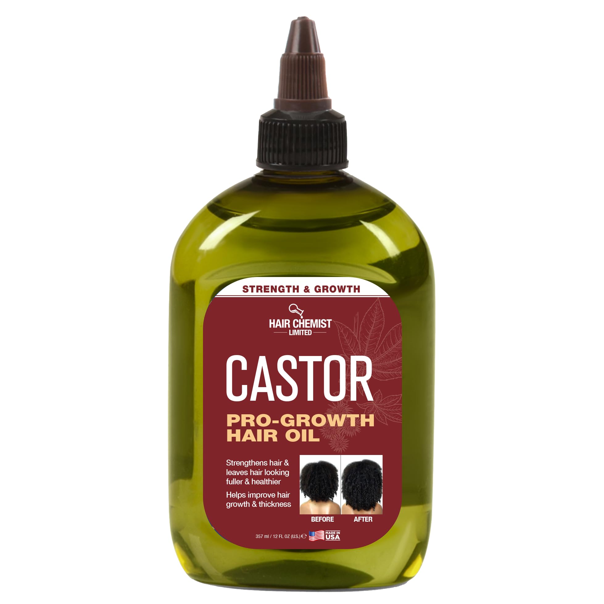 Hair Chemist Pro-Growth Castor Oil 12oz bottle; nourishes scalp for fuller-looking hair.