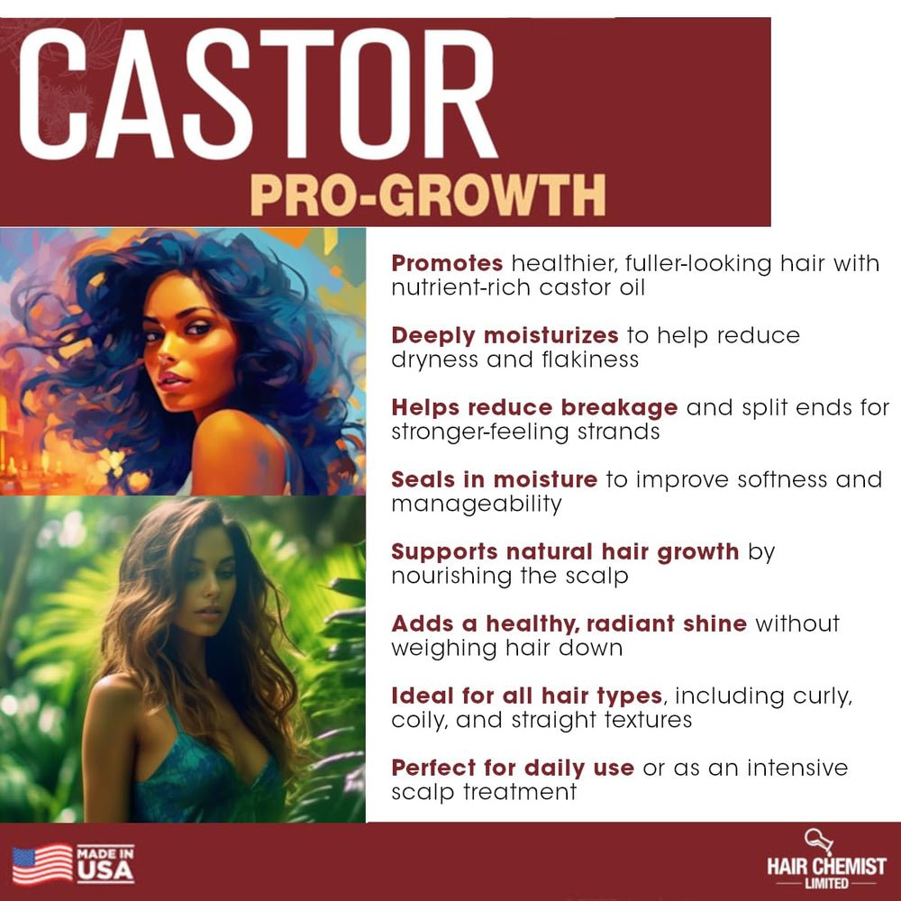 Hair Chemist Pro-Growth Castor Oil application on scalp; helps moisturize and reduce dryness.