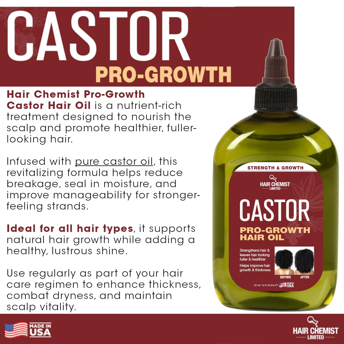 Hair Chemist Pro-Growth Castor Oil label detail; shows nutrient-rich castor oil for scalp vitality.