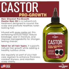 Hair Chemist Pro-Growth Castor Oil label detail; shows nutrient-rich castor oil for scalp vitality.