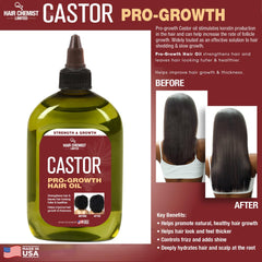 Hair Chemist Pro-Growth Castor Oil packaging box; convenient, large 12 oz bottle.