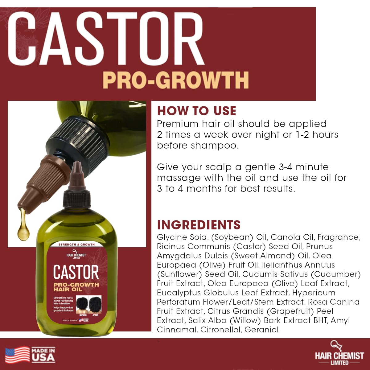 Hair Chemist Pro-Growth Castor Oil on hair; adds natural shine without weighing hair down.