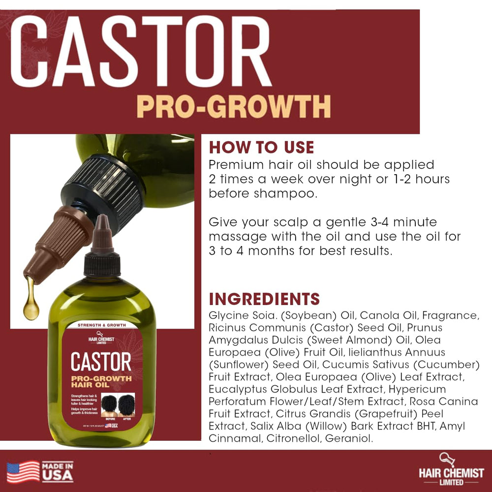 Hair Chemist Pro-Growth Castor Oil on hair; adds natural shine without weighing hair down.