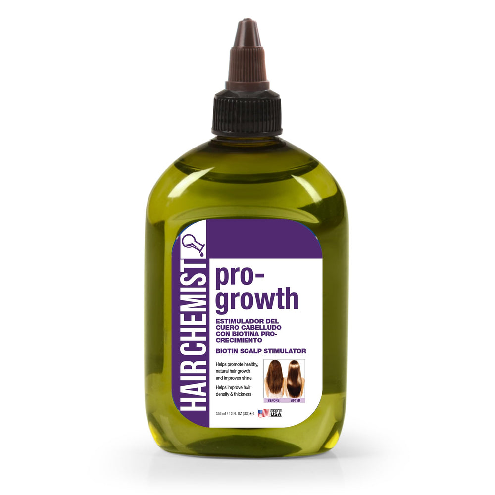Hair Chemist Pro-Growth Scalp Stimulator bottle with Biotin promotes healthier hair growth potential.