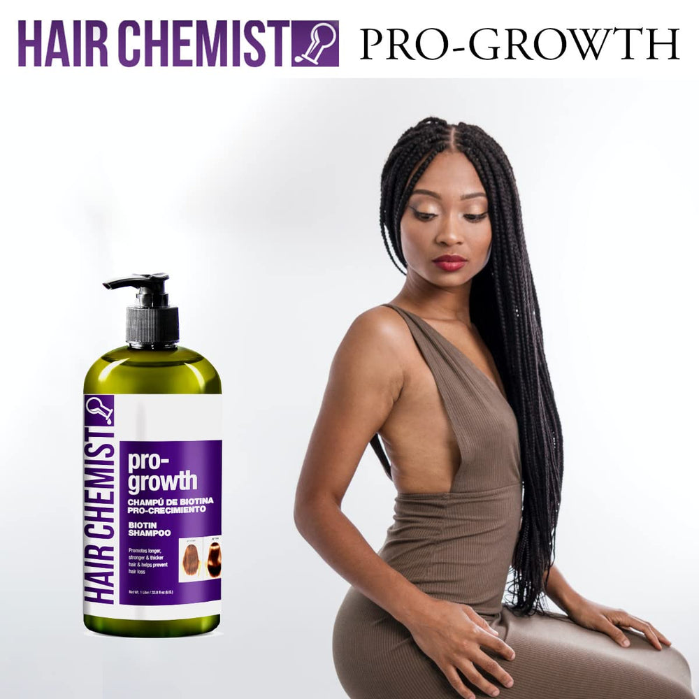 Hair Chemist Pro-Growth Shampoo label highlighting biotin ingredients for scalp nourishment