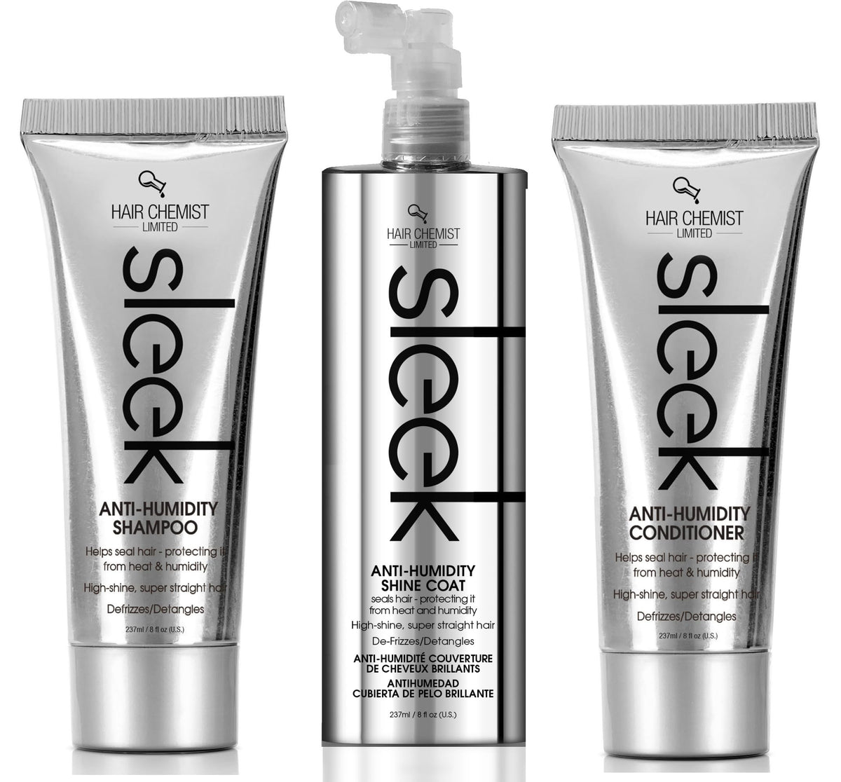 Hair Chemist Sleek Anti-Humidity Shampoo bottle showing frizz defense and cleansing action