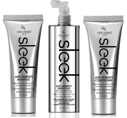 Hair Chemist Sleek Anti-Humidity Shampoo bottle showing frizz defense and cleansing action