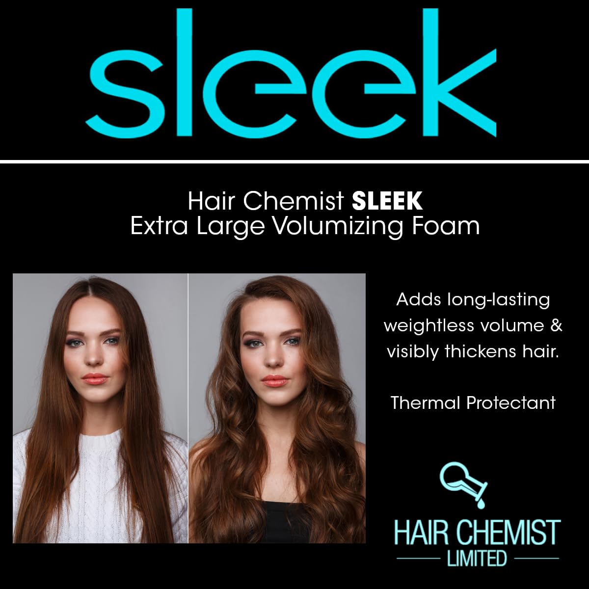 Hair Chemist SLEEK foam on hair resists humidity and frizz