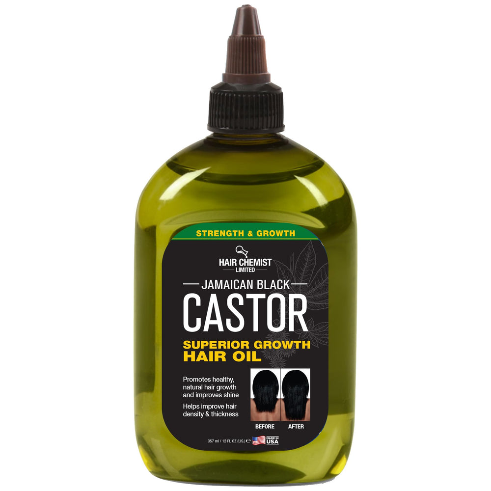 Hair Chemist Superior Growth Jamaican Black Castor Oil bottle being poured to nourish hair.