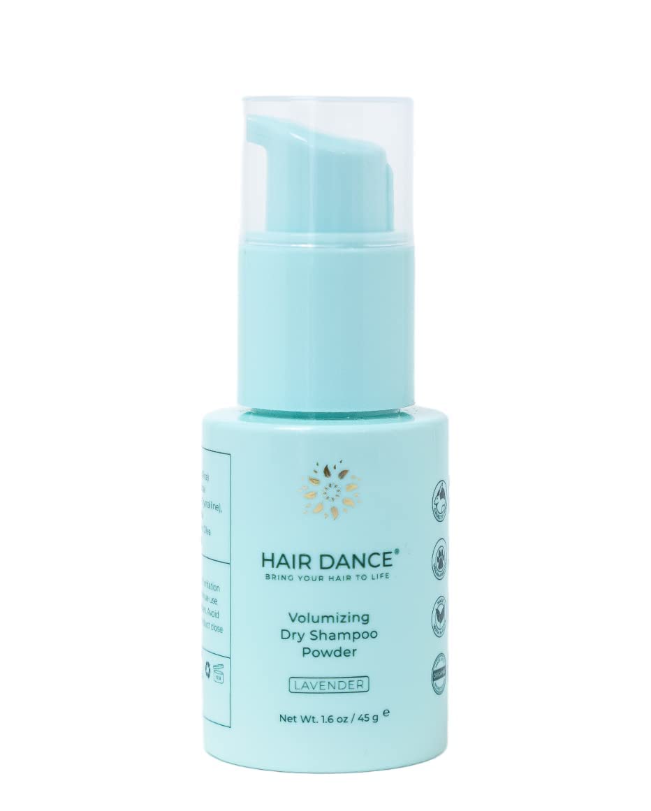 Hair Dance dry shampoo powder bottle with lavender scent refreshes hair