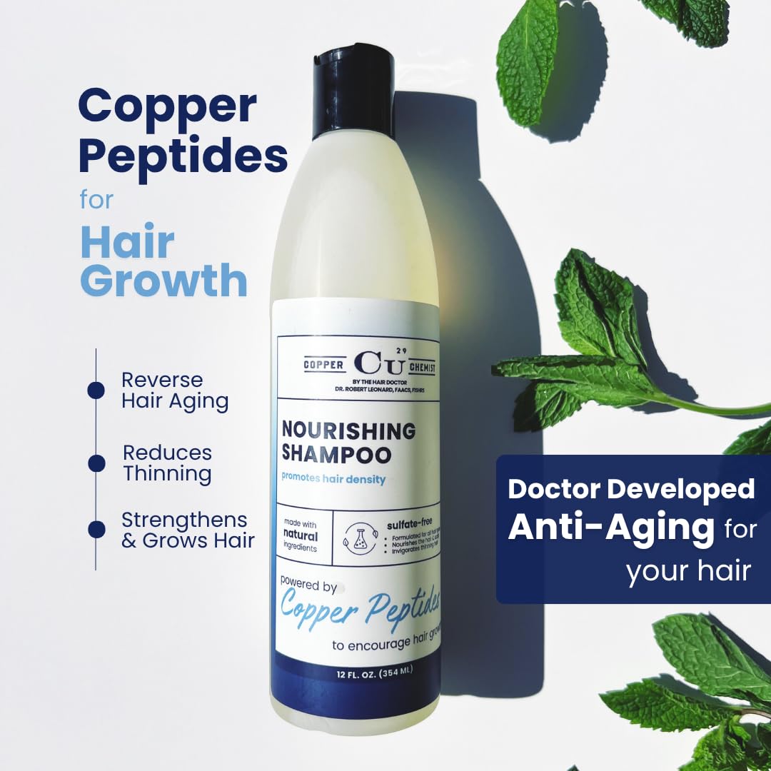 Copper Chemist shampoo bottle with rich lather texture, designed for daily use.