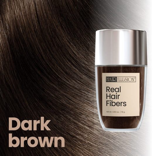 Hair Illusion dark brown fibers application close-up blends naturally with hair.