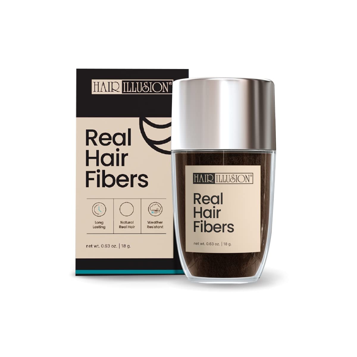 Hair Illusion dark brown fibers bottle for instant thickness and easy touch-ups.