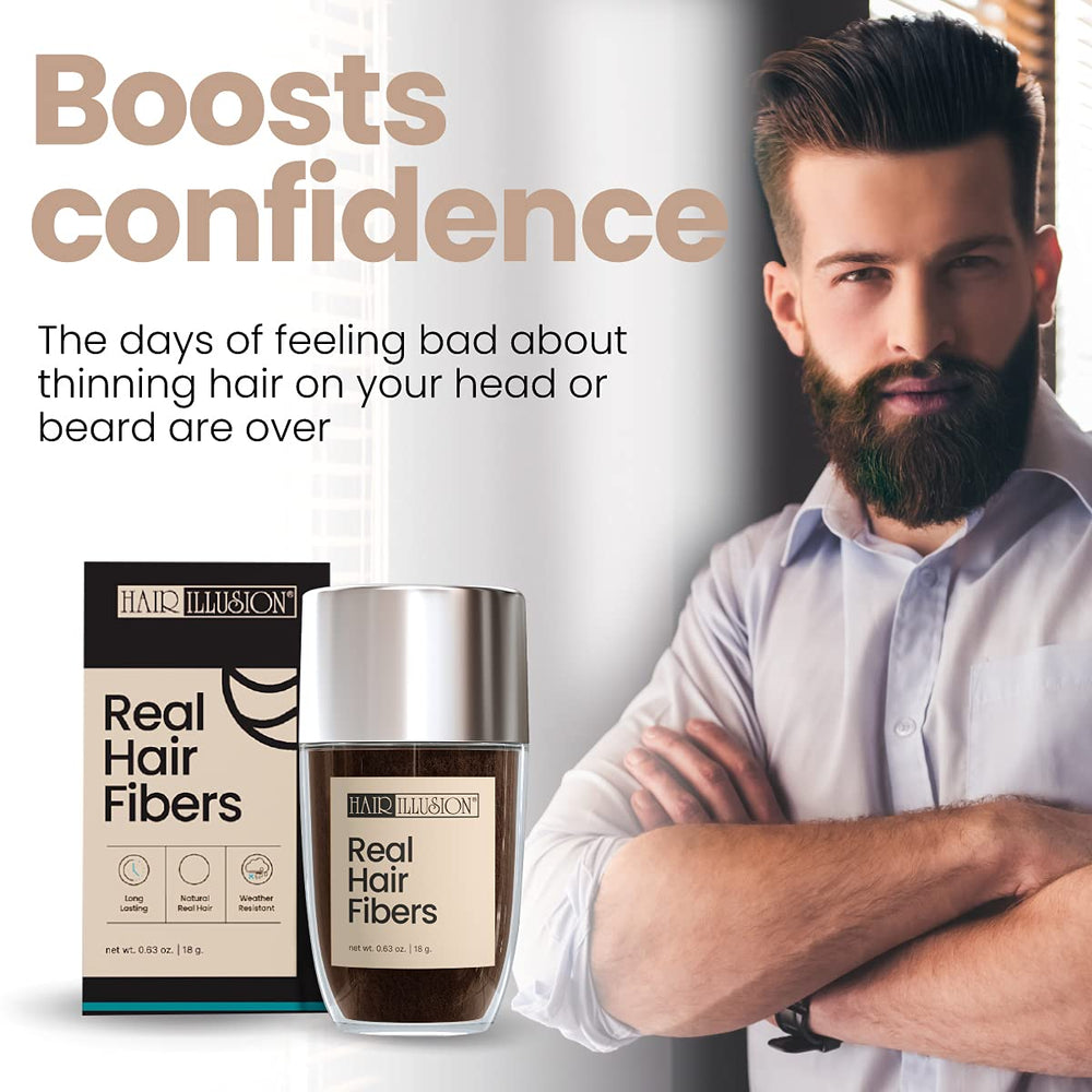 Hair Illusion dark brown fibers on hair to create a fuller look.