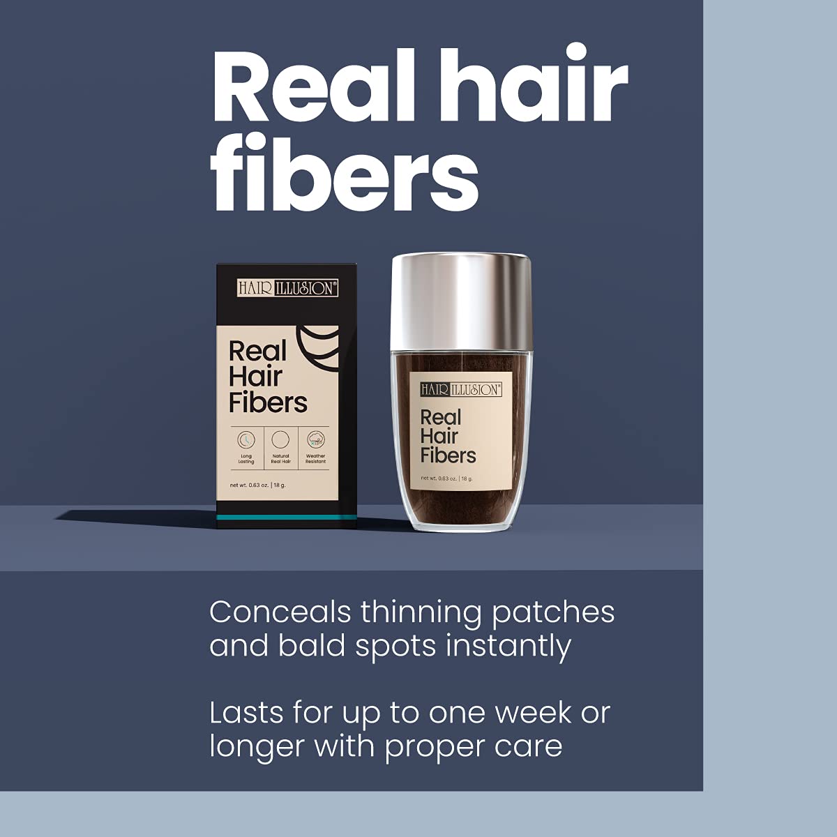Hair Illusion packaging and natural fibers designed for all-day wear.